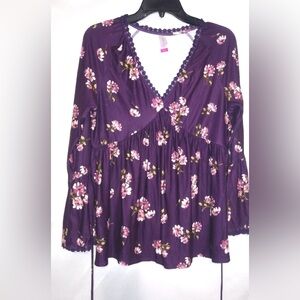 NB XL Boho Wine Grape All Over Floral Bell Sleeve Top Plus